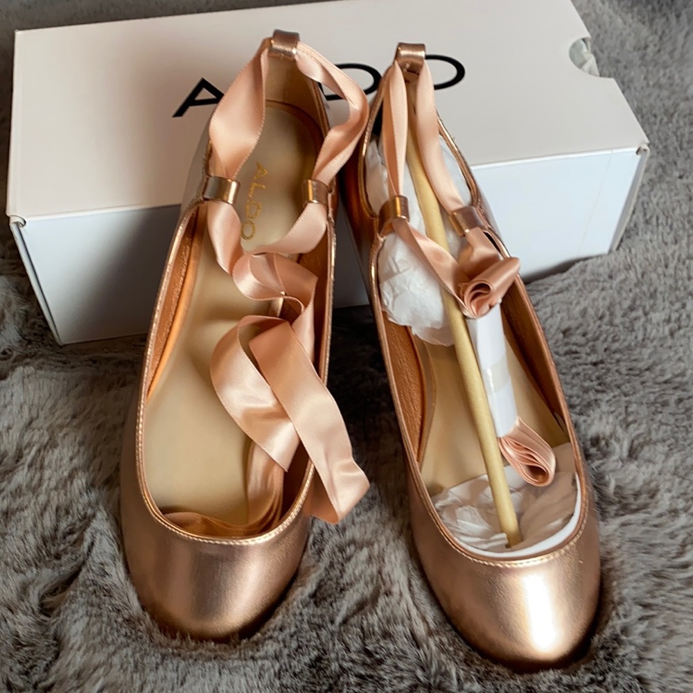 ALDO Malbaie Metallic Rose Gold Ballet Flats - satin ankle wraparound